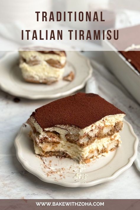 This authentic Italian tiramisu recipe is simple, easy, and made without alcohol, making it perfect for any holiday gathering, party, or any occasion where you're feeding a crowd. With just the right ratio of ladyfingers to mascarpone cream, this traditional dessert is quick to prepare, ensuring a delightful sweet treat. Head to bakewithzoha.com for the full recipe. Tiramisu With Alcohol, Tira Misu Recipe, Gf Tiramisu Recipe, Nutella Tiramisu Recipes, Tiramisu Ladyfingers Recipe, Different Tiramisu, Tiramisu Sheet Cake, Tarimisu Recipe Italian Tiramisu, Simple Decadent Desserts