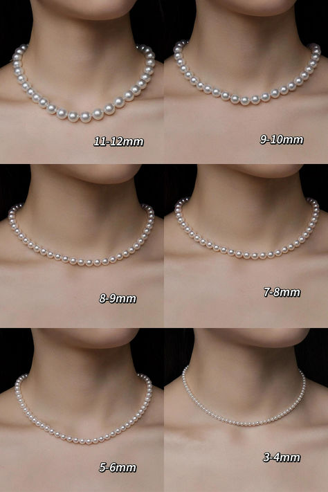 How does different size of pearl necklace look on neck? Gold Pearl Necklaces, Pearls Jewelry Aesthetic, Pearls Necklace Designs, How To Make A Pearl Necklace, Elegant Pearl Necklace, Neck Beads Design, Perl Neckles, How To Style Pearl Necklace, Outfit With Pearl Necklace