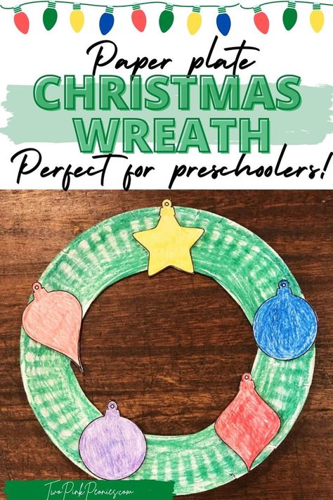 Image with text that says Paper Plate Christmas Wreath Craft Perfect for Preschoolers and an image of the wreath below it Paper Plate Christmas Wreath, Paper Plate Wreath, Plate Wreath, Craft For Preschoolers, Christmas Wreath Craft, Christmas Paper Plates, Preschool Classroom Decor, Name Crafts, Preschool Christmas Crafts