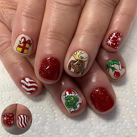 #affiliate #ad press on nails, christmas nails, holiday nail art inspo, grinch nail art, cutue nails, easy nail ideas Elf Movie Nails Designs, Christmas Nails Quotes, Elf Movie Nails, Christmas Nail Art Designs Easy Diy Ideas, Grinch Short Nails, Gel Nail Christmas Designs, The Grinch Nails Acrylic, Short Grinch Nails, Grinch Nail Designs