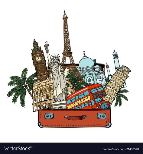 Cartoon Pop Art, World Landmarks, Cartoon Pop, File Decoration Ideas, Retro Vector Illustration, Travel Clipart, Pop Art Retro, Tourism Poster, Travel Drawing