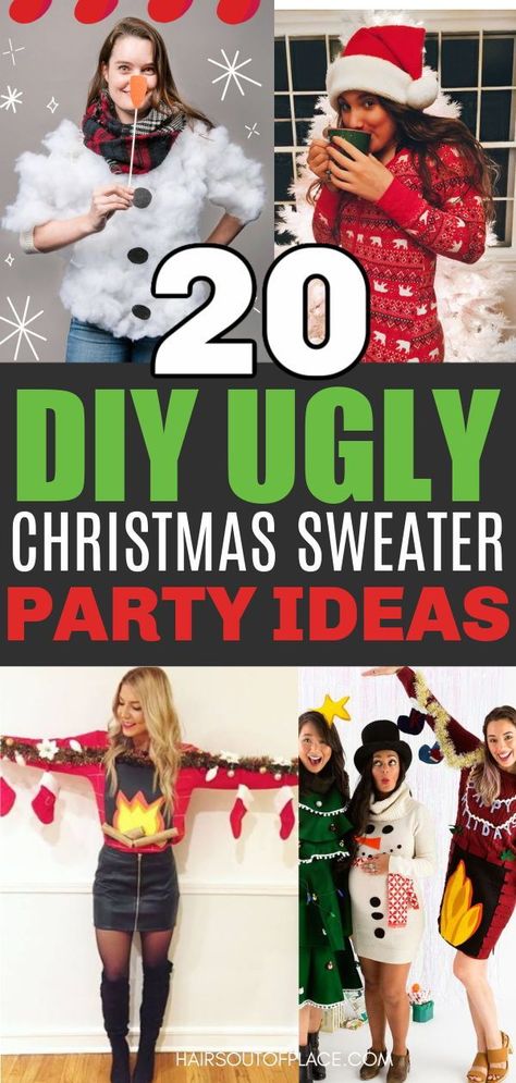 20 ugly Christmas sweaters and ugly Christmas party outfit and dresses ideas. Be the hit of your holiday party with these fun and festive DIY ugly Christmas party ideas. Tacky Xmas Outfits, Diy Christmas Outfit Funny, Funny Christmas Party Outfits For Women, Most Festive Christmas Outfit, Tacky Holiday Outfits, Silly Christmas Outfits, Wacky Christmas Outfits, Fun Christmas Outfits Holiday Parties, Cute Christmas Church Outfits