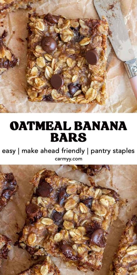 Made with pantry staples, this banana oatmeal bars recipe is perfect for breakfast or as a snack! Full of wholesome ingredients, these oatmeal banana bars will keep you feeling full and satisfied. Healthy Recipes With Bananas And Oats, Oatmeal Bake Bars, Banana Bread Bars Healthy, Baked Banana Oat Bars, Banana Oatmeal Recipes Healthy, Healthy Banana Granola Bars, Soft Baked Banana Oatmeal Bars, Banana Oatmeal Bars Breakfast, Banana Chocolate Oatmeal Bars