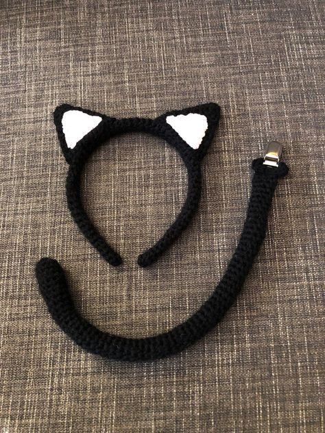 Crocheted Black Cat Ear Headband/ Clip on Tail - Etsy Crochet Cat Headband, Cat Ears Crochet, Crochet Cat Ears, Black Cat Ears Headband, Cat Ears And Tail, Cat Headband, Cat Ear Headband, Suspender Clips, Cat Ears Headband