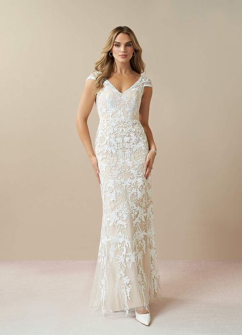 Diamond White/Champagne Azazie Devonna Sheath V-Neck Sequins Lace Floor-Length Dress | Azazie Wedding Dress Over 40, Older Bride Dresses, Wedding Dresses Diamonds, Boho Traditional, 2nd Wedding Dresses, Traditional Wedding Dress, Second Wedding Dresses, Floor Length Wedding Dress, White Champagne