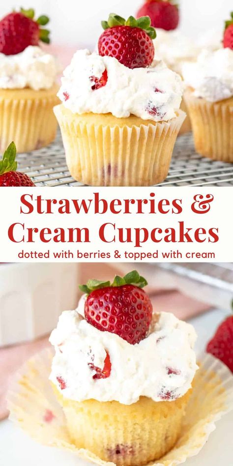 These delicious strawberries and cream cupcakes are perfect for strawberry season. Moist vanilla cupcakes dotted with strawberry pieces and topped with whipped cream and berries. No fancy decorating skills required and so delicious! #strawberry #strawberriesandcream #whippedcream #strawberrycupcakes #strawberriesandcreamcupcakes from Just So Tasty Vanilla Fruit Cupcakes, Vanilla Cupcakes With Strawberries, Vanilla Cupcakes With Strawberry Icing, Strawberry Jam Cupcakes, Strawberry And Cream Cupcakes, Strawberry Cream Cupcakes, Strawberry Milkshake Cupcakes, Cupcakes With Strawberries On Top, Strawberry Cupcakes Decoration