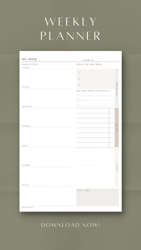 This weekly planner consists with main events column for each day of week. On the right side you have weekly focus, to do and notes sections. Planner Free Download, Free Weekly Planner Templates, Weekly Focus, Digital Planner Ideas, Minimalist Weekly Planner, Weekly Planner Design, Simple Weekly Planner, Weekly Planner Free Printable, Weekly Planner Free