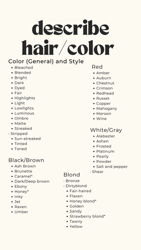 How To Describe Hair Color, Words To Describe Hair Color, How Describe Characters, Description Writing Prompts, How To Describe Hair Color In Writing, Creative Writing Vocabulary, Describing Hair Color In Writing, Describing Mens Hair Writing, Allergies For Characters