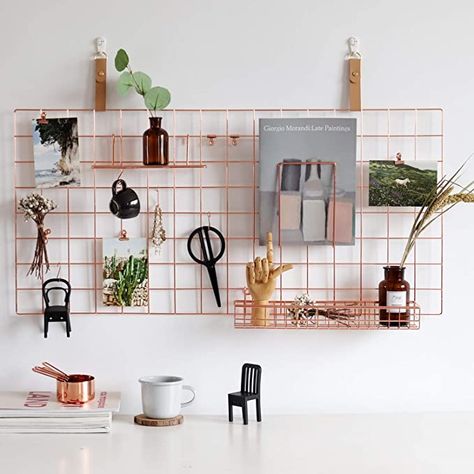 Gold Wall Decor Bedroom, Wire Grid Wall, Metal Wall Grid, Office Bedroom Combo, Display Ledge, Rose Gold Room Decor, Ledge Wall, Rose Gold Rooms, Wall Grid