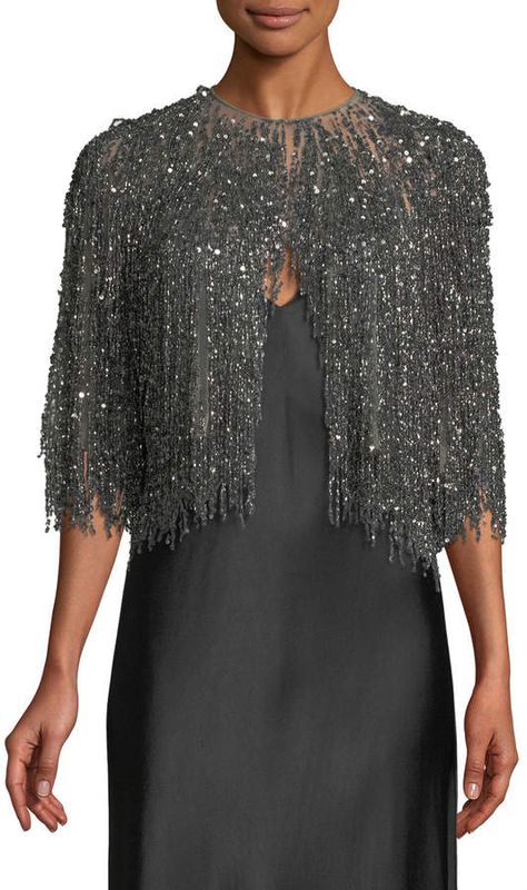 Naeem Khan Beaded-Illusion Cocktail Jacket with Fringe Bottom. Naeem Khan beaded fringe cocktail jacket. Jewel neckline; hook closure. Open front. Half sleeves. Cropped length. Nylon. Made in USA of imported materials. #afflink Evening Jacket, Naeem Khan, Cocktail Jacket, Boucle Jacket, Simple Blouse, Classic Jacket, Evening Jackets, Jewel Neckline, Feminine Design