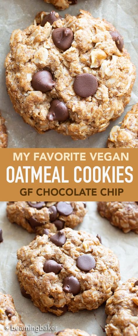 Gluten Free Oatmeal Chocolate Chip, Gluten Free Oatmeal Chocolate Chip Cookies, Oatmeal Chocolate Chip Cookies Recipe, Vegan Oatmeal Chocolate Chip Cookies, Beaming Baker, Vegan Oatmeal Cookies, Oatmeal Chocolate Chip Cookie Recipe, Patisserie Vegan, Vegan Oatmeal