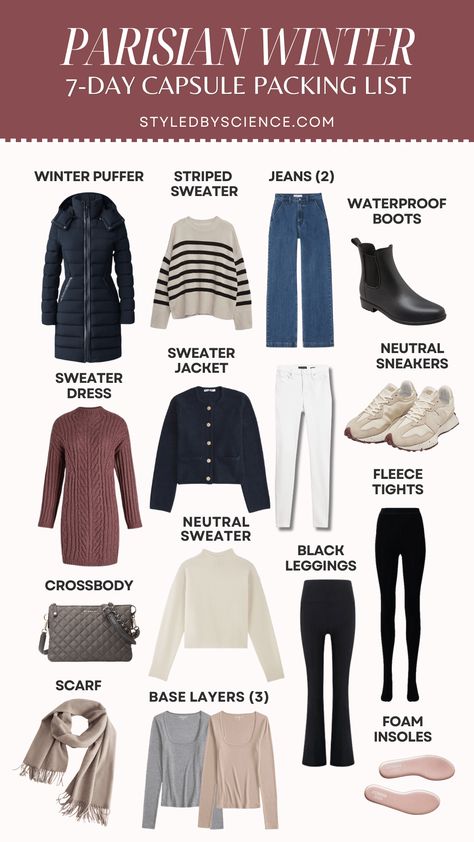 What to Pack for 7-Days in Paris: Winter Travel Capsule Winter Bag Outfit, Paris Winter Travel Capsule, Ireland Packing List Winter, Winter European Travel Outfits, Winter Honeymoon Outfits, Paris Winter Outfit, Winter Capsule Wardrobe Travel, Winter Travel Wardrobe, Winter Travel Packing