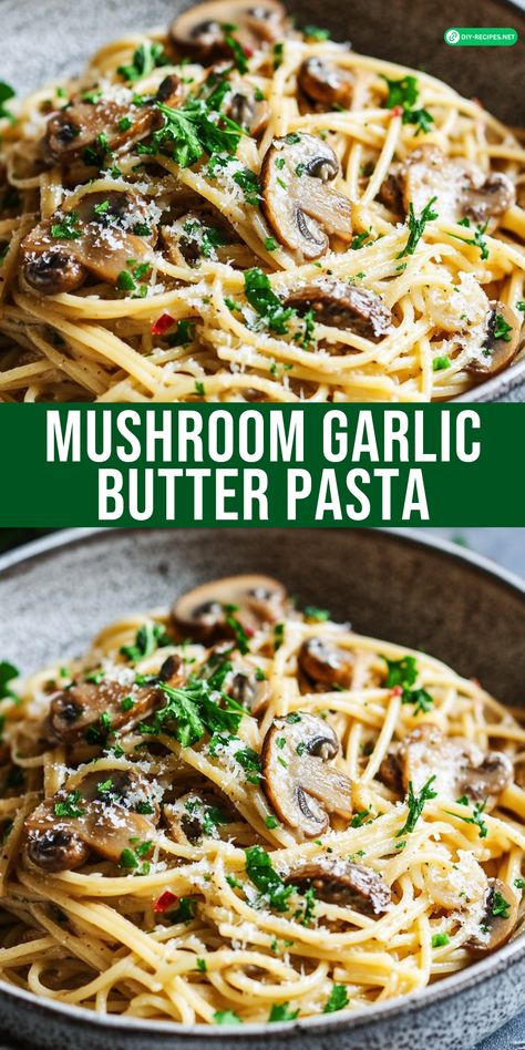 Indulge in Mushroom Garlic Butter Pasta! A deliciously rich and creamy pasta dish that’s perfect for any night of the week. Pasta Based Recipes, Non Creamy Pasta Recipes, Pasta Meatless Recipes, Cheesy Mushroom Pasta, Mushroom Noodle Recipes, Quick Healthy Pasta Recipes, Mushroom Healthy Recipes, Italian Mushroom Pasta, Steak Pasta Recipes Dairy Free