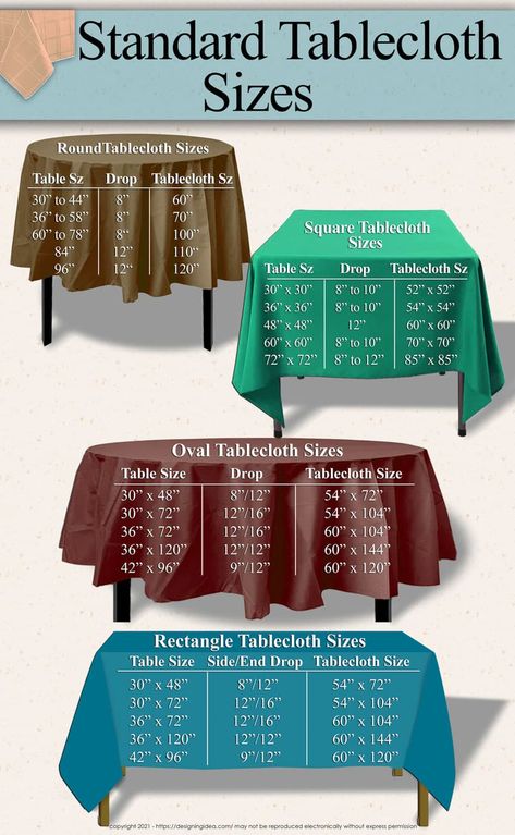 Tablecloth Sizes (Dimensions Guide) - Designing Idea Tablecloth Dimensions, Tablecloth Size Chart, Dining Table Cloth, Table Cloth Decorations, Diy Water Fountain, Oval Tablecloth, Card Table, Tablecloth Sizes, Banquet Tables