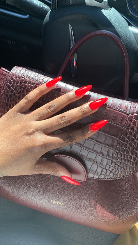 Red Oval Acrylic Nails Designs, Ferrari Red Nails Almond, Red Nails Almond Shape Design, Red Almond Nails Black Women, Red Oval Nail, Long Almond Red Nails, Red Ferrari Nails, Almond Red Acrylic Nails, Cute Red Nails Acrylic