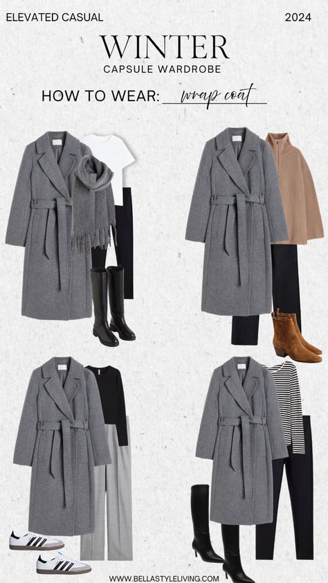 Coat outfits for fall Wrap Coat Outfit, Grey Wrap Coat, Grey Coat Outfit, Edgy Fall Outfits, Grey Winter Coat, Winter Coat Outfits, Capsule Wardrobe Work, Winter Wardrobe Essentials, Capsule Wardrobe Essentials