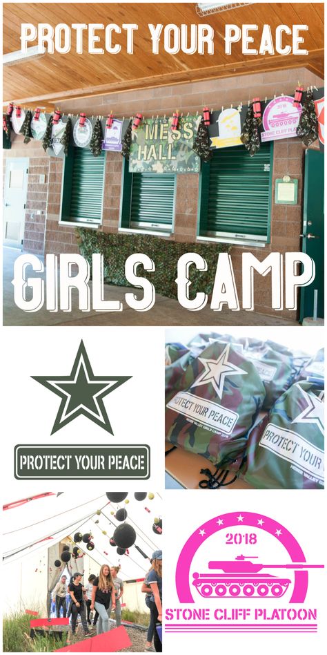 Girls Camp Army Military Battalion Theme | All Things Thrifty #girlscamp #militaryideas #protectyourpeace Girls Camp Decorating Ideas, Ycl Girls Camp Ideas, Lds Camp Themes, Lds Girls Camp Activities, Yw Camp Themes, Lds Yw Theme 2024, Lds Girls Camp Themes 2024, Girls Camp Themes Lds, Yw Camp Ideas