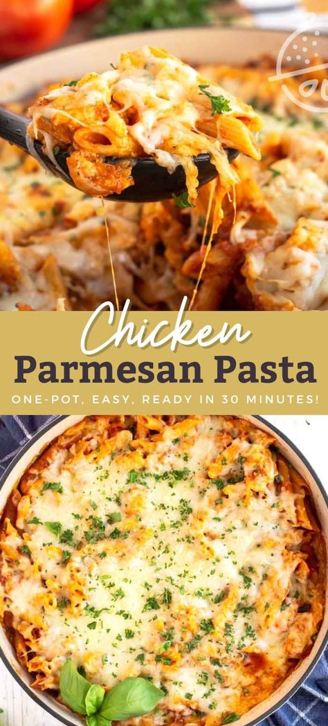 This one-pot Chicken Parmesan Pasta is pure comfort food! A flavorful combination of Italian seasoned chicken breast, marinara sauce, pasta, lots of Mozzarella and Parmesan cheese. This Chicken Parmesan Pasta recipe is always a crowd pleaser! #pasta #baked #onepot #skillet #cheesy #marinara #dinner #lemonblossoms Chicken Parm And Pasta, Pasta Dishes Recipes Chicken, Chicken Parmesan Pasta Recipe Easy, Chicken Parmesan With Pasta, Baked Chicken Parmesan Pasta, Chicken Recipes For Dinner Pasta, Pasta Chicken Parmesan, Marinara Pasta Recipes Easy, Marinara Dinner Recipes