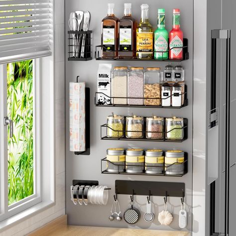 Amazon.com: IYEBAU Magnetic Spice Rack for Refrigerator,8 Pack Magnetic Fridge Shelf, Moveable Spice Organizer with Hook Rack, Paper Towel Holder, Utensil Holder,cup lid holder, Super Magnetic Rack Set (Black) : Home & Kitchen Spice Rack Kitchen Cabinet, Large Spice Rack, Camper Organization Rv Living, Diy Kitchen Hacks, Fridge Shelf, Magnetic Spice Rack, Wall Spice Rack, Spice Organizer, Ikea Organization