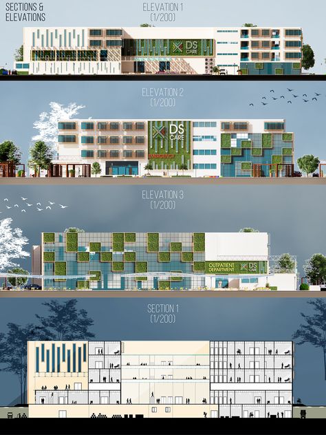 Green Hospital Architecture, Emergency Hospital Design, Hospital Elevations Architecture, Sustainable Hospital Design, Hospital Facade Design Architecture, Hospital Design Architecture Concept, Hospital Plan Architecture, Hospital Design Architecture Exterior, Biophilic Hospital