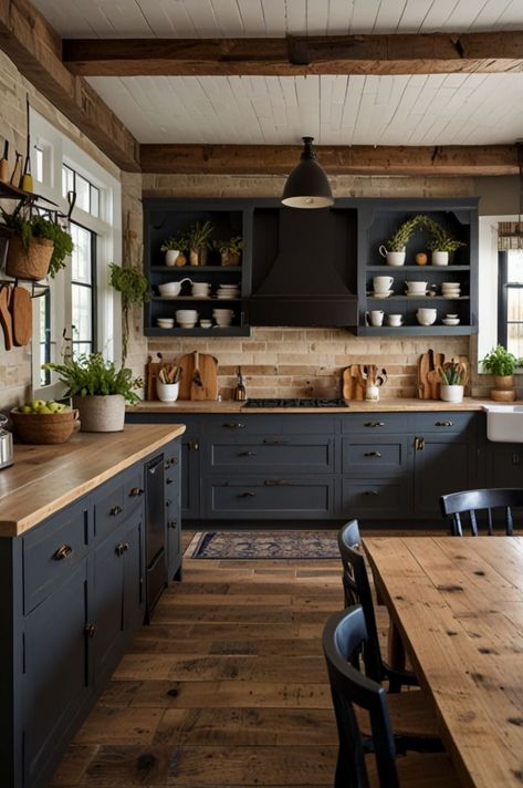 [Promotion] Transform Your Kitchen With These Charming Rustic Farmhouse Sink Ideas. From Reclaimed Wood Finishes To Vintage-Inspired Fixtures, These Designs Blend Classic Charm With Modern Functionality. Perfect For Creating A Cozy, Inviting Kitchen Space That Feels Both Timeless And Trendy. #Rustickitchen #Farmhousesink #Kitchendesign #Homedecor #timelesskitchendesigninspirationrustic Navy Rustic Kitchen, Dark Walls White Cabinets Kitchen, Dark Blue Kitchen Cabinets Farmhouse, Rustic Kitchen Shelving, Rustic Kitchen Inspiration, Navy Blue Farmhouse Kitchen, Rustic Kitchen Color Ideas, Industrial Farmhouse Kitchen Design, Mid Century Farmhouse Kitchen