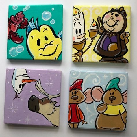 Small Canvas Paintings Set Of 4, Series Painting Ideas, Disney Frames Ideas, Cute Small Canvas Paintings Easy Disney, Easy Paintings Disney, Canvas Painting Ideas Disney, Pixar Paintings, Disney Painting Ideas On Canvas, Walls Art Ideas