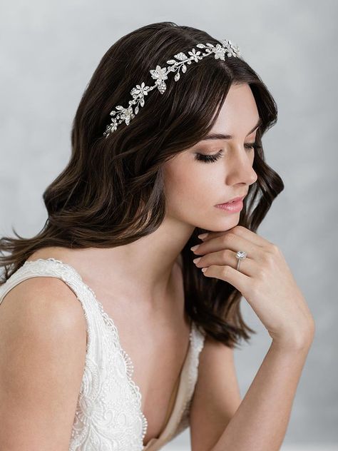 2068 — Bel Aire Bridal Headband Curls, Reception Hairstyles, Bridal Hair Down, Wedding Hair Headband, Bride Headpiece, Tiara Hairstyles, Headpiece Hairstyles, Halo Hair, Wedding Hair Inspiration