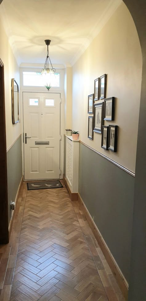 2 Colour Hallway, Pigeon Farrow And Ball Stairs, Pigeon Farrow And Ball Hallway, Dodo Rail Hallway, Narrow Hallway Decorating Paint Colors, Dark Narrow Hallway Ideas Wall Colors, Half Painted Wall With Trim, Farrow And Ball Pigeon Hallway, Hallway Half Painted Wall