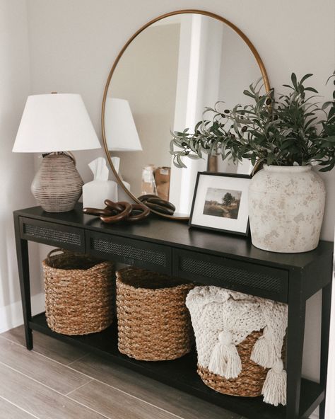 Studio Mcgee Black Console Table, How To Style A Foyer Entry Ways, Modern Farmhouse Black Furniture, Studio Mcgee Black Entry Table, Urban Farmhouse Living Room Ideas, Black Table Styling, Modern With Black Accents, Photos In Entryway, Vintage Modern Entryway Table