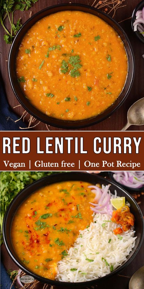 Red Lentil Curry (vegan) | Masoor Dal Tomato Lentil Curry, Red Lentil Dal Recipe, Indian Red Lentil Soup, Dal Curry Indian Recipes, Gujarati Dinner Recipes, Red Dal Recipe, Red Curry Vegan, Whole Masoor Dal Recipe, Vegan Dahl Recipe