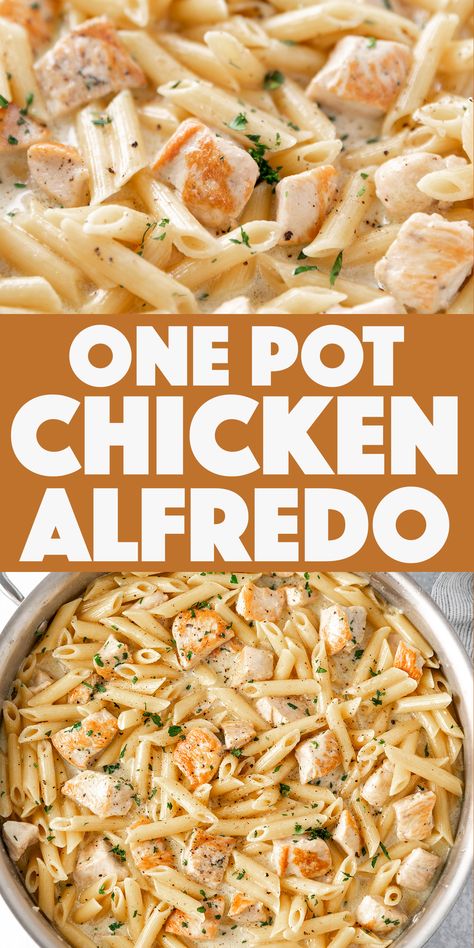 One Pot Chicken Alfredo - the original viral homemade chicken alfredo in an easy one pot recipe. 1 Pot Chicken Alfredo, Lightened Up One Pot Chicken Alfredo, One Pot Chicken And Bacon Alfredo, Cheap Chicken Alfredo Recipe, Pasta W Chicken Recipes, Chicken Alfredo With Ragu Sauce, One Pot Alfredo Pasta Chicken, Quick And Easy One Pan Dinner Recipes, How To Make Chicken For Chicken Alfredo