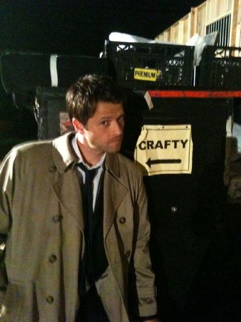 Crafty Misha...Misha Collins as Castiel Making Things, Castiel, Photo Storage, Work On, Supernatural, To Work, Pineapple, Trench Coat, Ios