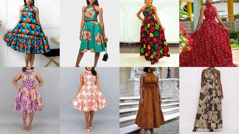 Flare Gown Ankara, Flare Dresses Ankara, Short Flare Gown, Halter Neck Dresses, Halter Neck Jumpsuit, Flare Gown, Halter Neck Maxi Dress, Bright Patterns, Maxi Gowns