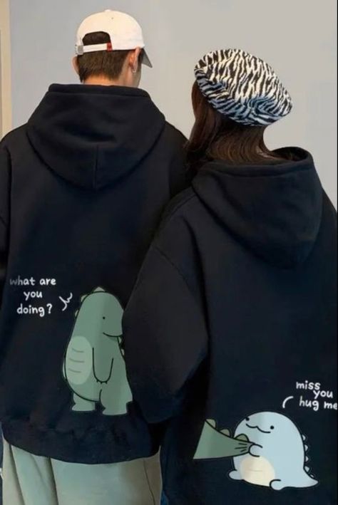 Matching Dino Hoodies Couple, Matching Couple Things Aesthetic, Matching Couple Pajamas Aesthetic, Couple Sweatshirts Aesthetic, Matching Clothes Couple Aesthetic, Couple Hoodies Aesthetic, Matching Couples Things, Matching Pjs For Couples Aesthetic, Matching Things For Couple