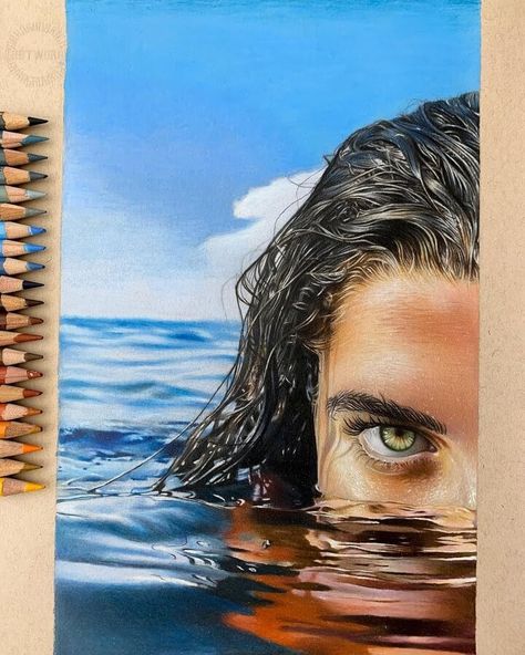 Emerging from the water by D. O’Brien Colour Pencil Portrait Realistic, Realistic Pencil Drawings Portraits Faces, Pencil Portrait Drawing Realistic, Realistic Pencil Drawings Portraits, Portrait Art Pencil Sketch, Pencil Colour Portrait, Color Pen Art, Portrait Art Pencil, Colour Pencil Portrait