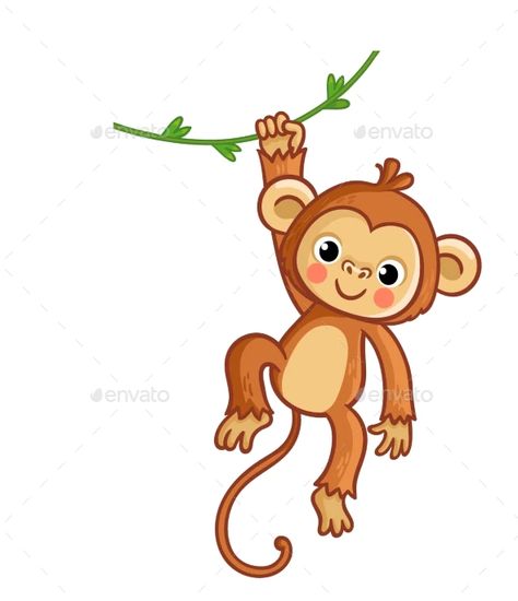 Monkey Hanging on Liana by svaga | GraphicRiver Monkey Drawing Cute, Monkey Drawing Easy, Monkey Hanging, Brown Cartoon, Monkey Drawing, Baby Background, Monkey Illustration, Drawing Funny, Happy Illustration