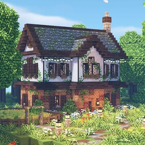 Pretty Minecraft Houses, Minecraft Farmhouse, Minecraft Cottagecore House, Minecraft Cottage House, Minecraft Brick, Cottage Minecraft, Cottage Core Minecraft House, Cottagecore House, Rumah Minecraft Sederhana