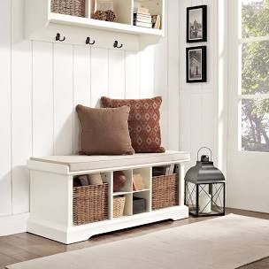 Crosley Brennan White Wood Entryway Storage Bench (White) Modern Entryway Storage, Bench With Baskets, White Bench Entryway, Entryway Bench Decor, Storage Bench With Baskets, White Storage Bench, Entryway Storage Bench, Hallway Storage Bench, Storage Bench With Cushion