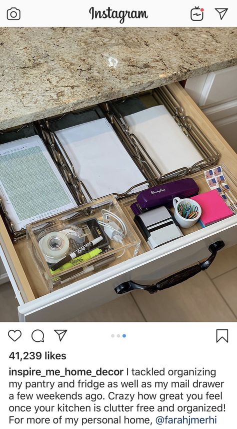 Like the idea of a drawer designated for mailing... Home Mail Organization, Mail Organization, Beige Kitchen Cabinets, Command Center Kitchen, Room Organisation, Kitchen Desks, Beige Kitchen, Organize Drawers, Home Organisation