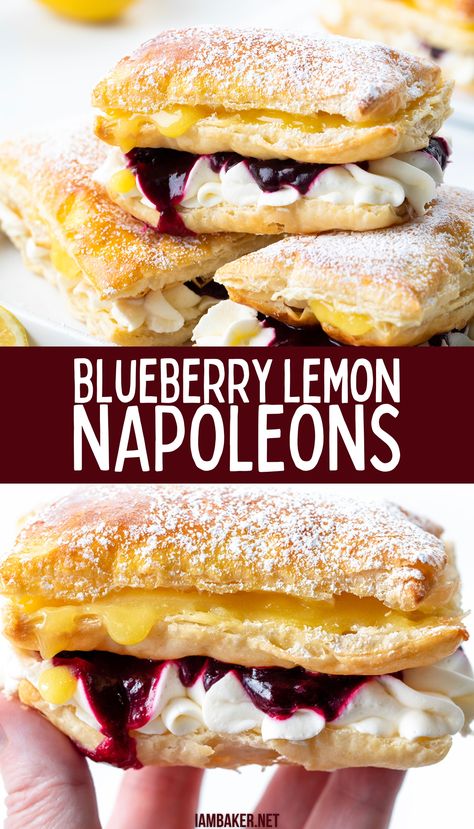 A hand holding a blueberry lemon napoleon, and a stack of napoleons. Puff Pastry Recipes For Easter, Lemon Blueberry Pastry, Napolean Puff Pastry Recipe, Lemon Curd And Blueberry Desserts, Puff Pastry Napoleon Recipe, Lemon Curd Puff Pastry Recipes, Puff Pastry Blueberry Recipes, Blueberry Pastry Recipes, Lemon Puff Pastry Desserts