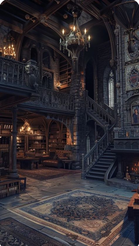 Fantasy Mansion Interior, Dark Mansion Interior, Gothic Manor Interior, Gothic Castle Aesthetic, Gothic Castle Interior, Harry Potter Interior, Living Room Architecture, Castle Aesthetic Interior, Castle Library