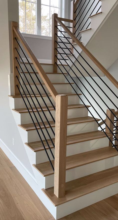 Cedar Stair Railing, Airy Organic Modern Living Room, Wood Stair Railing Ideas Modern, Traditional Modern Staircase, Stair Railing Remodel, Staircase Horizontal Railing, Stair Railing Horizontal, Mcm Stair Railing, Old Staircase Makeover