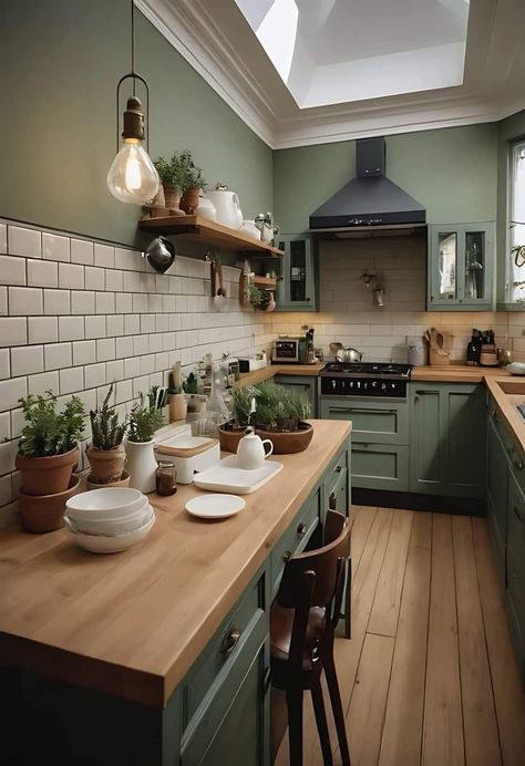 Small Craftsman Kitchen Ideas, Cottage Core Cabinets, Rambler Renovation, Cozy Kitchen Island, Olive Kitchen, Green Kitchen Walls, Kitchen Vibes, Dark Green Kitchen, Sage Green Kitchen