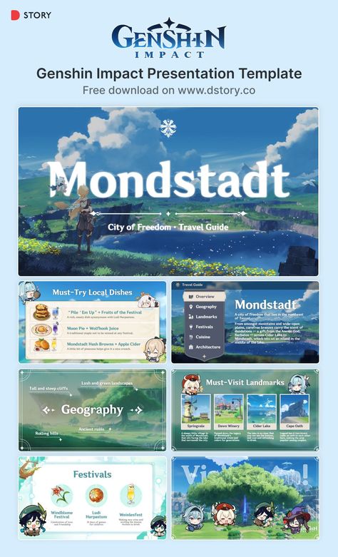Genshin Impact: Mondstadt - PowerPoint Presentation Template. A beautiful and elegant template with a Mondstadt theme, perfect for creating presentations about the Genshin Impact Presentation Template, Genshin Impact Notion Template, Genshin Impact Regions, Cool Ppt Template, Genshin Impact Graphic Design, Genshin Impact Powerpoint Template, Genshin Powerpoint Template, Genshin Powerpoint, Ppt Aesthetic Template