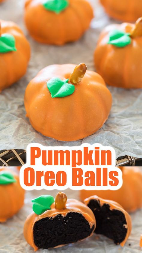 Orange pumpkin shaped oreo ball truffles with a pretzel stem and green leaf icing decoration. Halloween Dessert Table, Thanksgiving Desserts Table, Thanksgiving Snacks, Fall Baking Recipes, Oreo Balls, Fun Halloween Food, Easy Halloween Food, Halloween Food Treats, Halloween Treats Easy