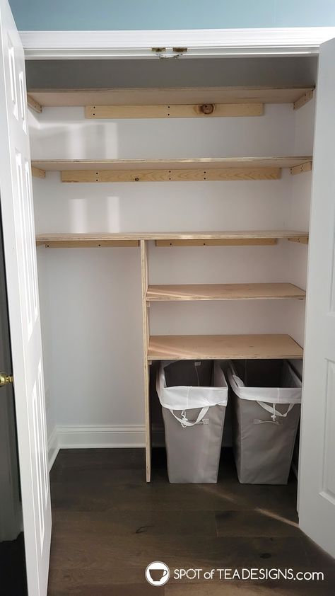 Deep Cupboard Storage Ideas Bedroom, Half Closet Ideas, Hallway Open Closet Ideas, Large Hallway Closet Organization, Remodeled Closet Ideas, Hall Closet Makeover Storage, Hall Closet Shelving Ideas Diy, Hallway Closet Shelving Ideas, Hallway Utility Closet