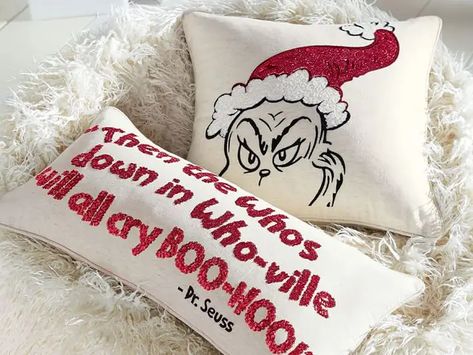 14 fun Grinch-themed Christmas decorations — from sequined pillows to outdoor inflatables The Grinch Book, Beloved Quotes, Mr Grinch, Grinch Ornaments, Grinch Christmas Decorations, Teen Bedrooms, Outdoor Inflatables, Holiday Table Settings, Themed Christmas