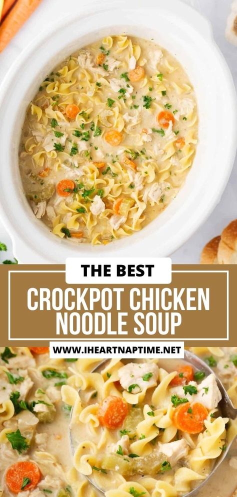 This crockpot chicken noodle soup is nourishing, flavorful and easy to make on a cold winter day. Nothing beats the taste of homemade chicken noodle soup! Easy Crockpot Chicken Noodle Soup, Chicken Noodle Soup Rotisserie, Chicken Soup Recipes Crockpot, Crockpot Chicken Noodle Soup, Best Crockpot Chicken, Easy Crockpot Soup, Slow Cooker Chicken Noodle Soup, Chicken Soup Crockpot, Best Chicken Noodle Soup