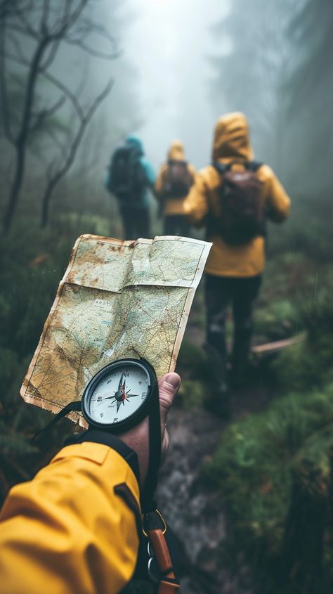 Foggy Hiking Adventure: A group of hikers in yellow jackets navigates a misty forest with a map and compass. #fog #hiking #adventure #map #compass #aiart #aiphoto #stockcake ⬇️ Download and 📝 Prompt 👉 https://ayr.app/l/R9hQ Adventure Athstetic, Exploring The World Aesthetic, People Hiking Illustration, Outdoor Adventure Aesthetic, Adventure Core Aesthetic, Backpacker Aesthetic, Adventurer Aesthetic, Hiking Photo Ideas, Explorer Aesthetic