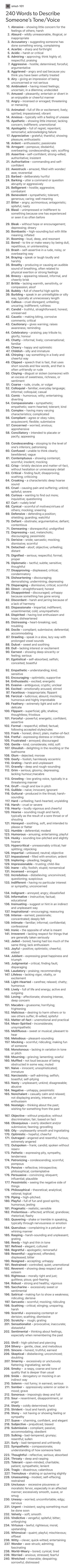 240 words to describe someone's tone/voice Vocabulary For Story Writing, Body Shape Description Writing, How To Describe Body In Writing, Body Type Descriptions, How To Be Descriptive In Writing, Eyebrow Description Writing, Body Types Description, Describing Dresses Writing, Character Body Description